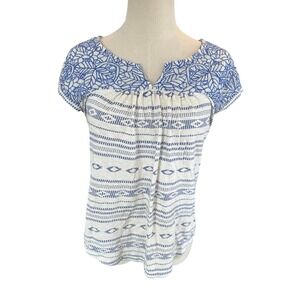 Lucky Brand Womens Small Blue White Embroidered Boho Peasant Top Cotton Blouse